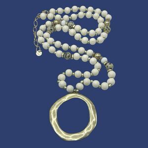 Wood Beaded Necklace Hammered Metal Ring Pendant Semi Precious Stone Glass Long